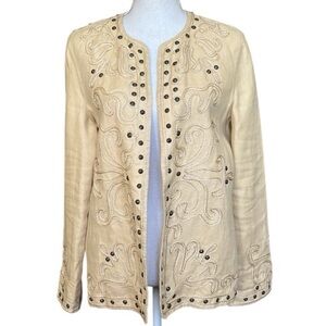 Ellen Tracy Open Front Embroidered Linen Jacket with Grommet Detail Size 8